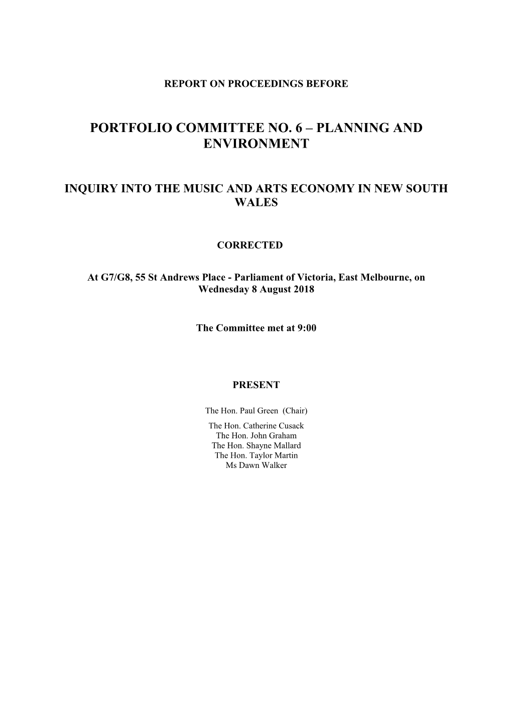 Portfolio Committee No. 6 – Planning and Environment