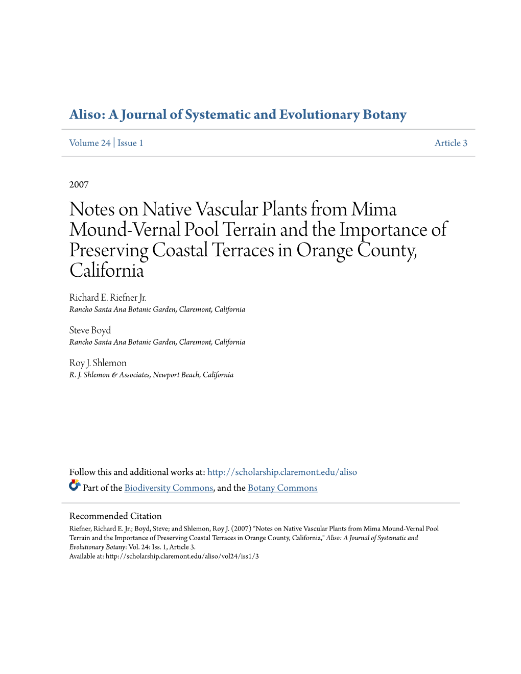 Notes on Native Vascular Plants from Mima Mound-Vernal Pool Terrain and the Importance of Preserving Coastal Terraces in Orange County, California Richard E