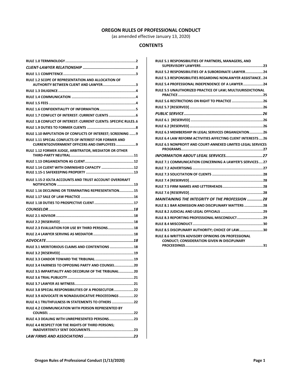 OREGON RULES of PROFESSIONAL CONDUCT (As Amended Effective January 13, 2020) CONTENTS