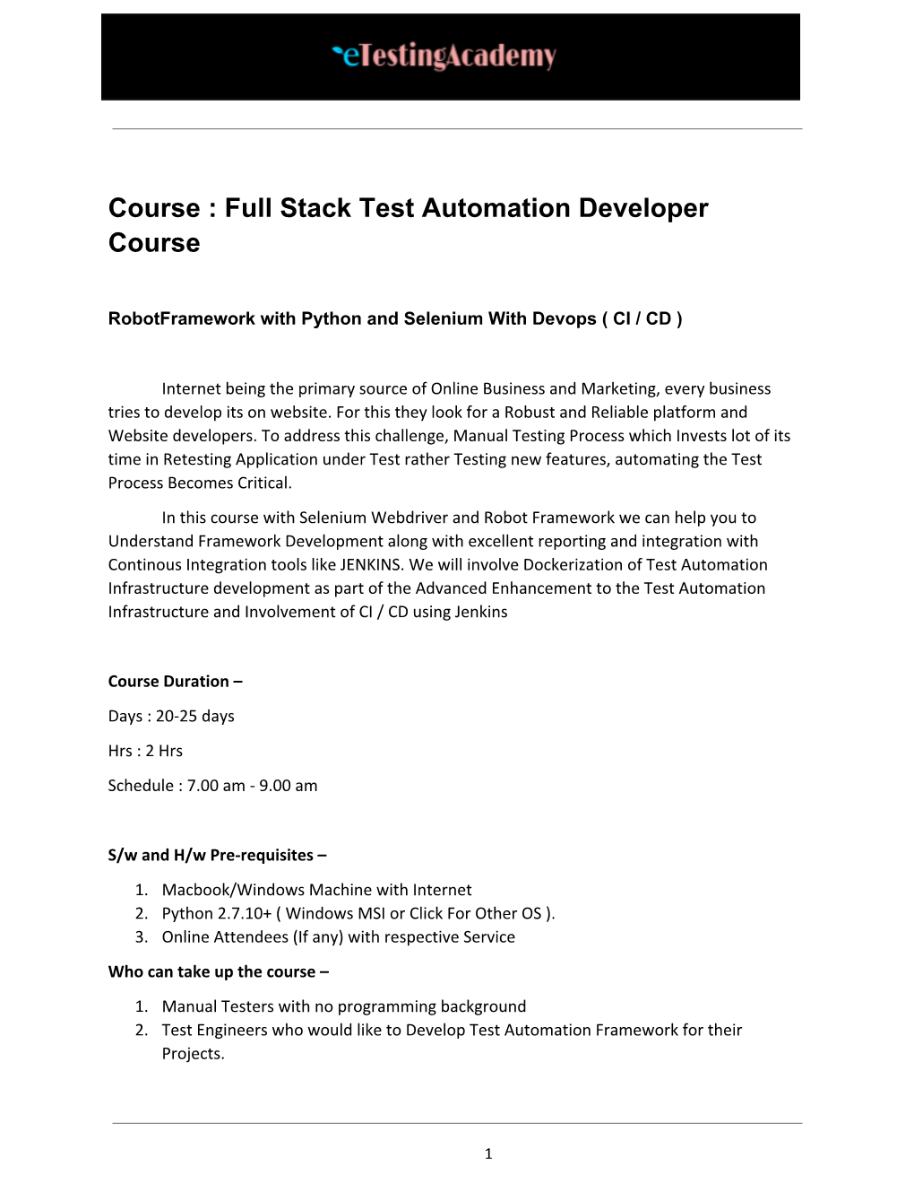 Full Stack Test Automation Developer Course