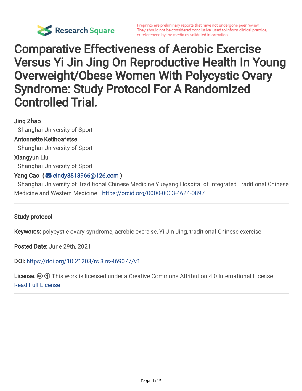 Comparative Effectiveness of Aerobic Exercise Versus Yi Jin Jing On