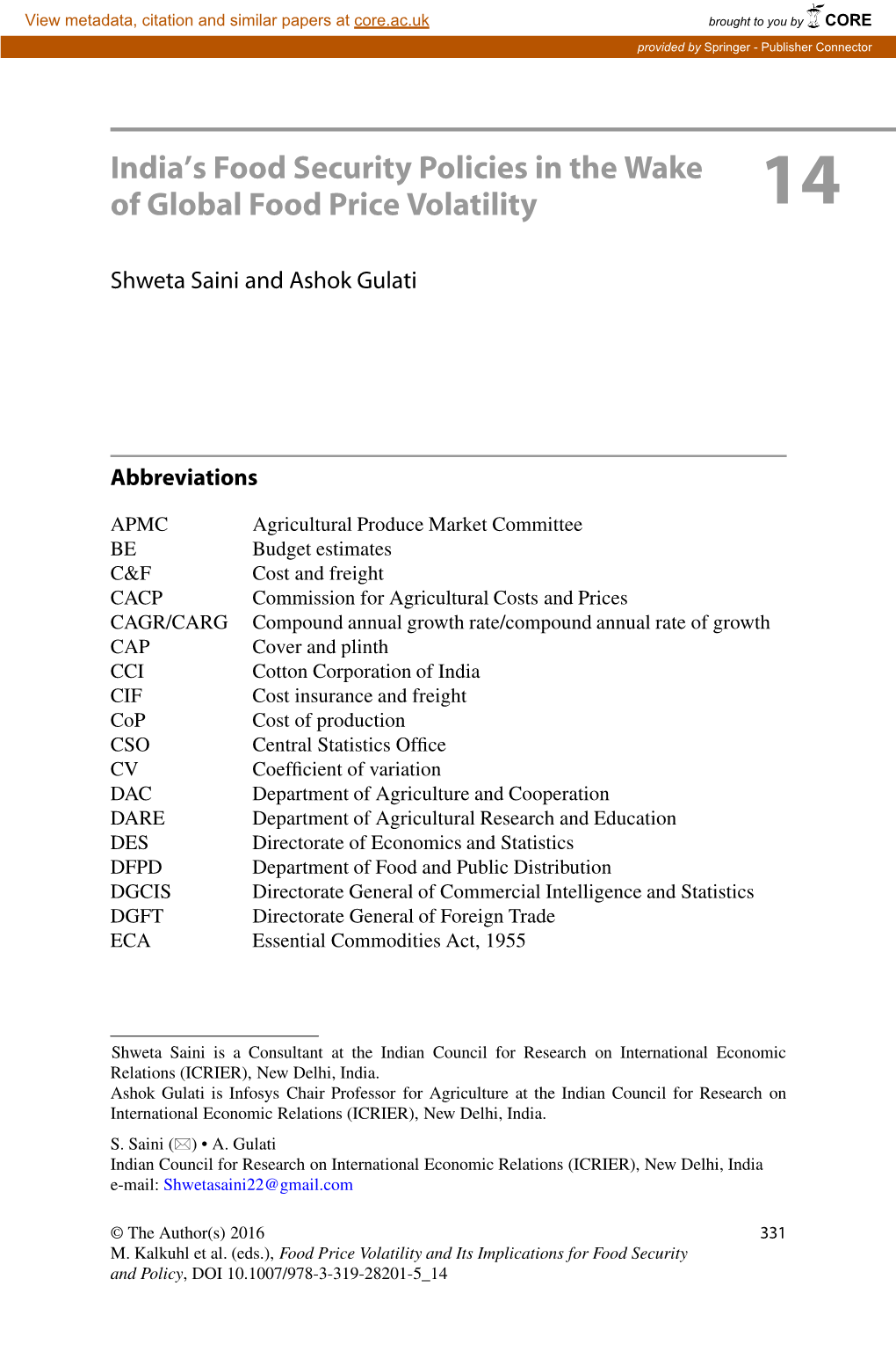 India's Food Security Policies in the Wake of Global Food Price Volatility