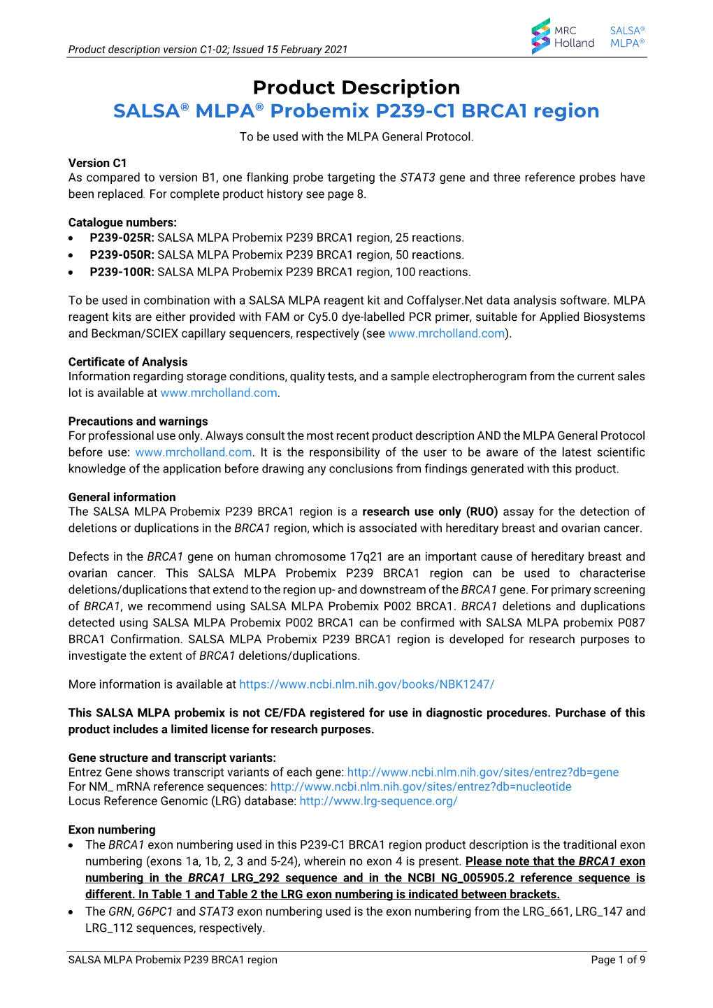 Product Description P239-C1 BRCA1 Region-V02.Pdf