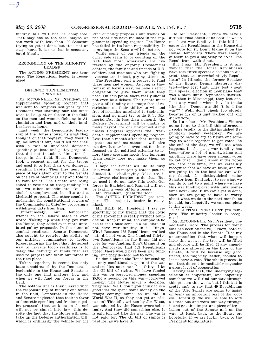 CONGRESSIONAL RECORD—SENATE, Vol. 154, Pt. 7 May 20, 2008 I Yield the Floor