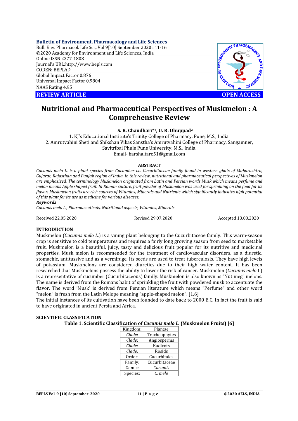 Nutritional and Pharmaceutical Perspectives of Muskmelon : a Comprehensive Review