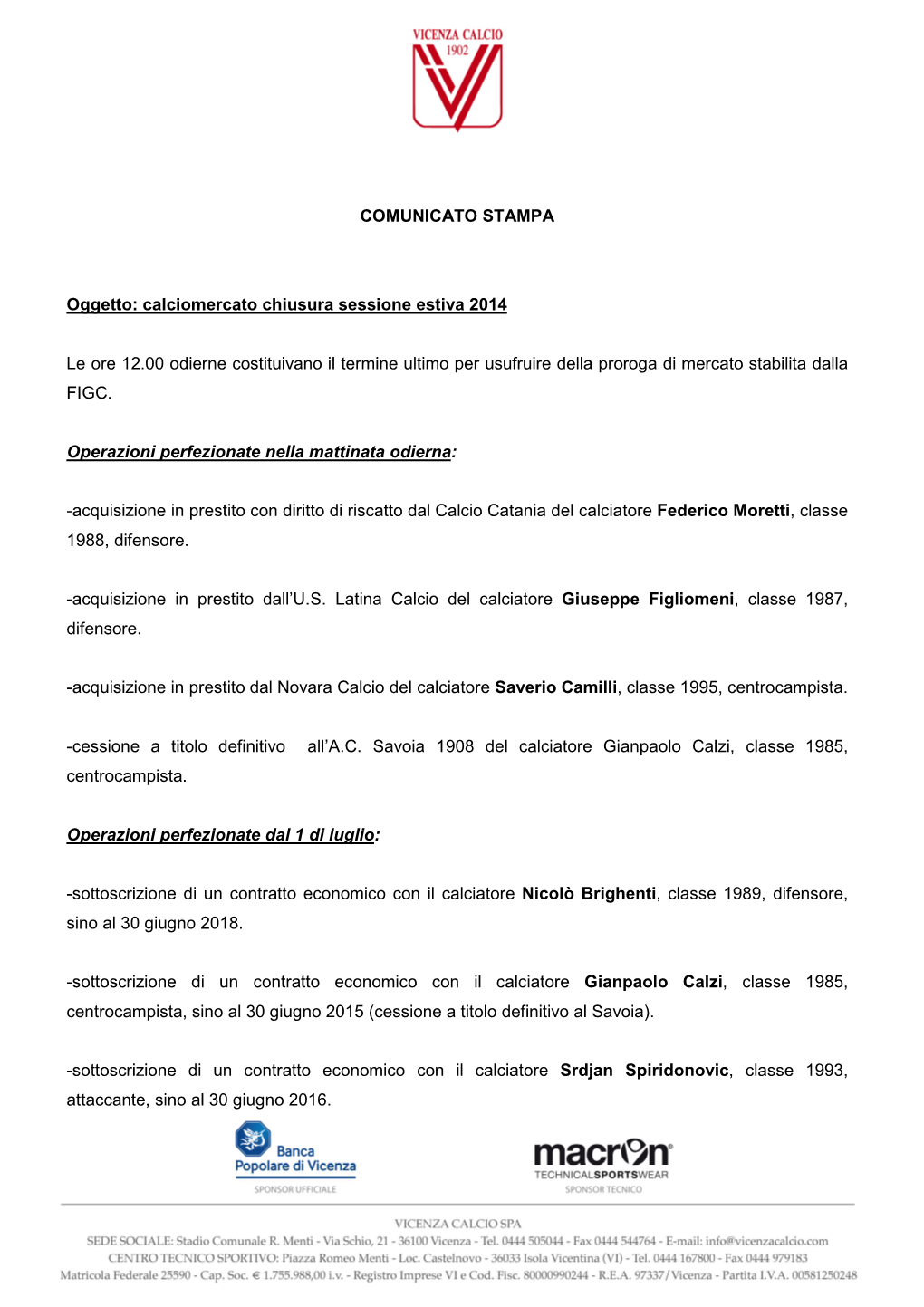 Chiusura Calciomercato Agosto 2014 E Proroga