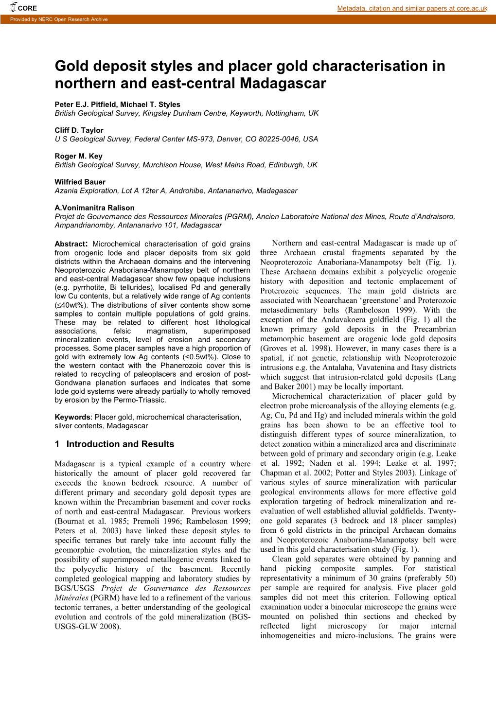 Gold Deposit Styles and Placer Gold Characterisation in Northern and East-Central Madagascar