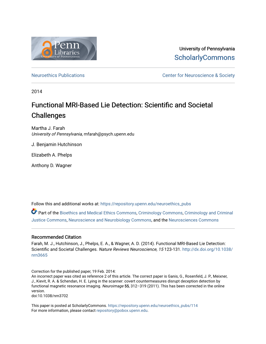 Functional MRI-Based Lie Detection: Scientific and Societal Challenges