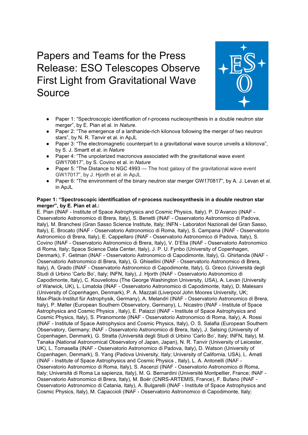 Papers​​And​​Teams​​For​​The​​Press Release:​​ESO