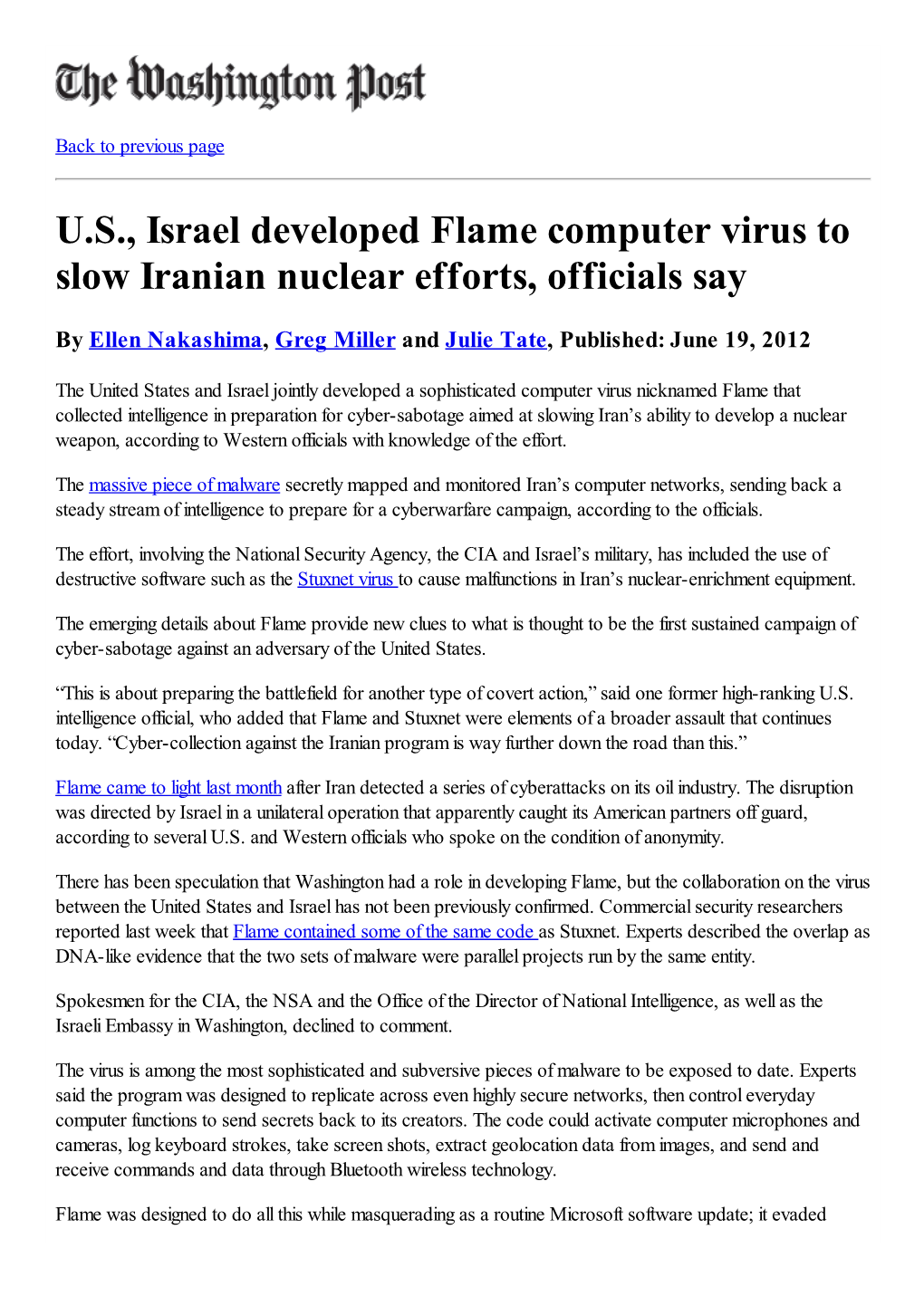 U.S., Israel Developed Flame Computer Virus to Slow Iranian Nuclear Efforts, Officials Say