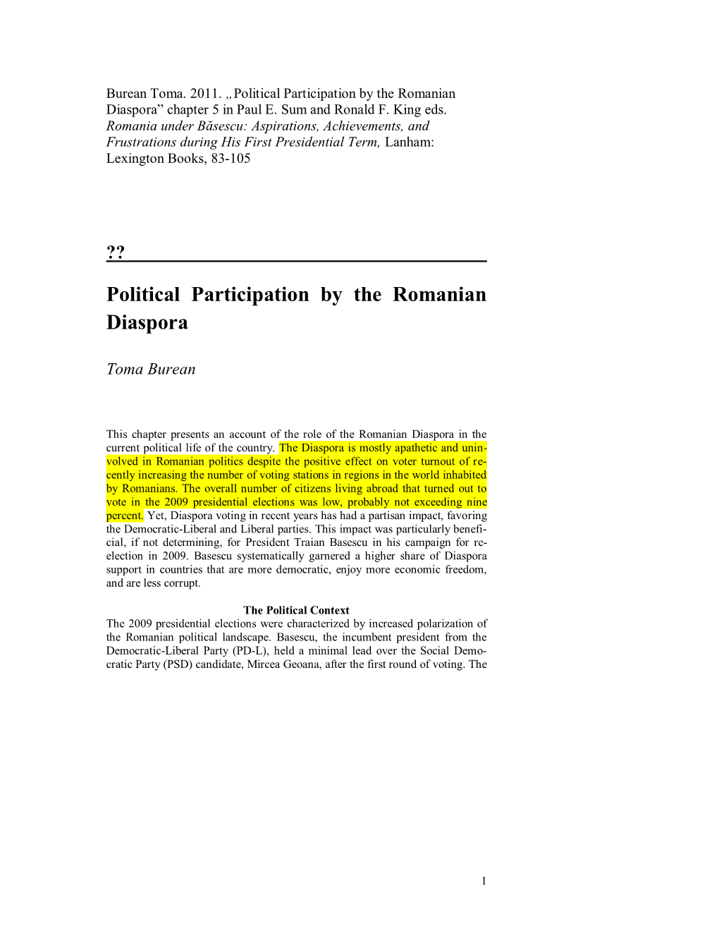 The Political Participation of the Romanian Diaspora