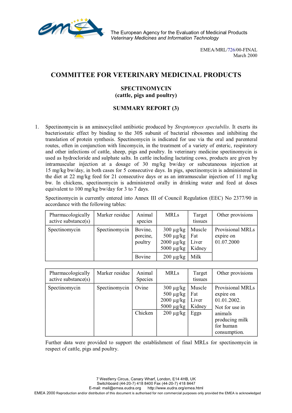 MRL-Spectinomycin (Cattle,Pigs and Poultry)