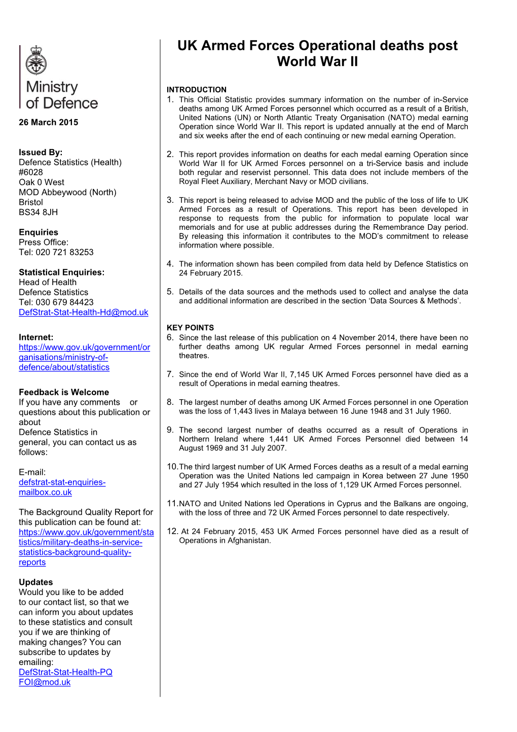 UK Armed Forces Operational Deaths Post World War II