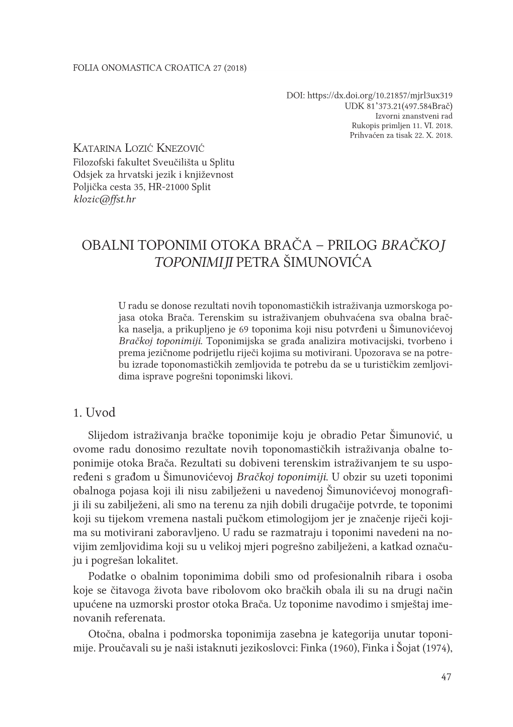 Obalni Toponimi Otoka Brača – Prilog Bračkoj Toponimiji Petra Šimunovića