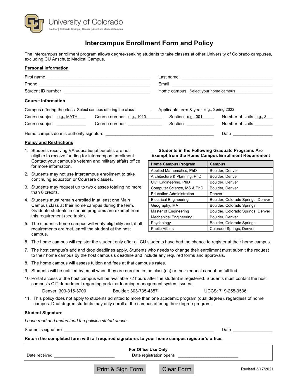 CU Intercampus Enrollment Form and Policy