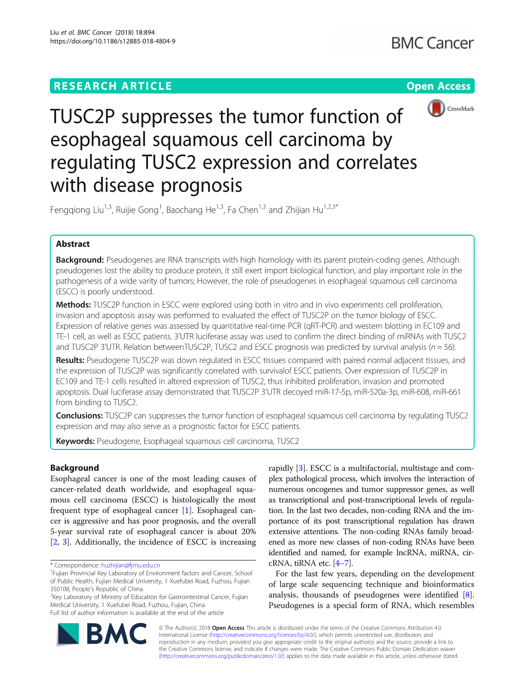 TUSC2P Suppresses the Tumor Function of Esophageal Squamous