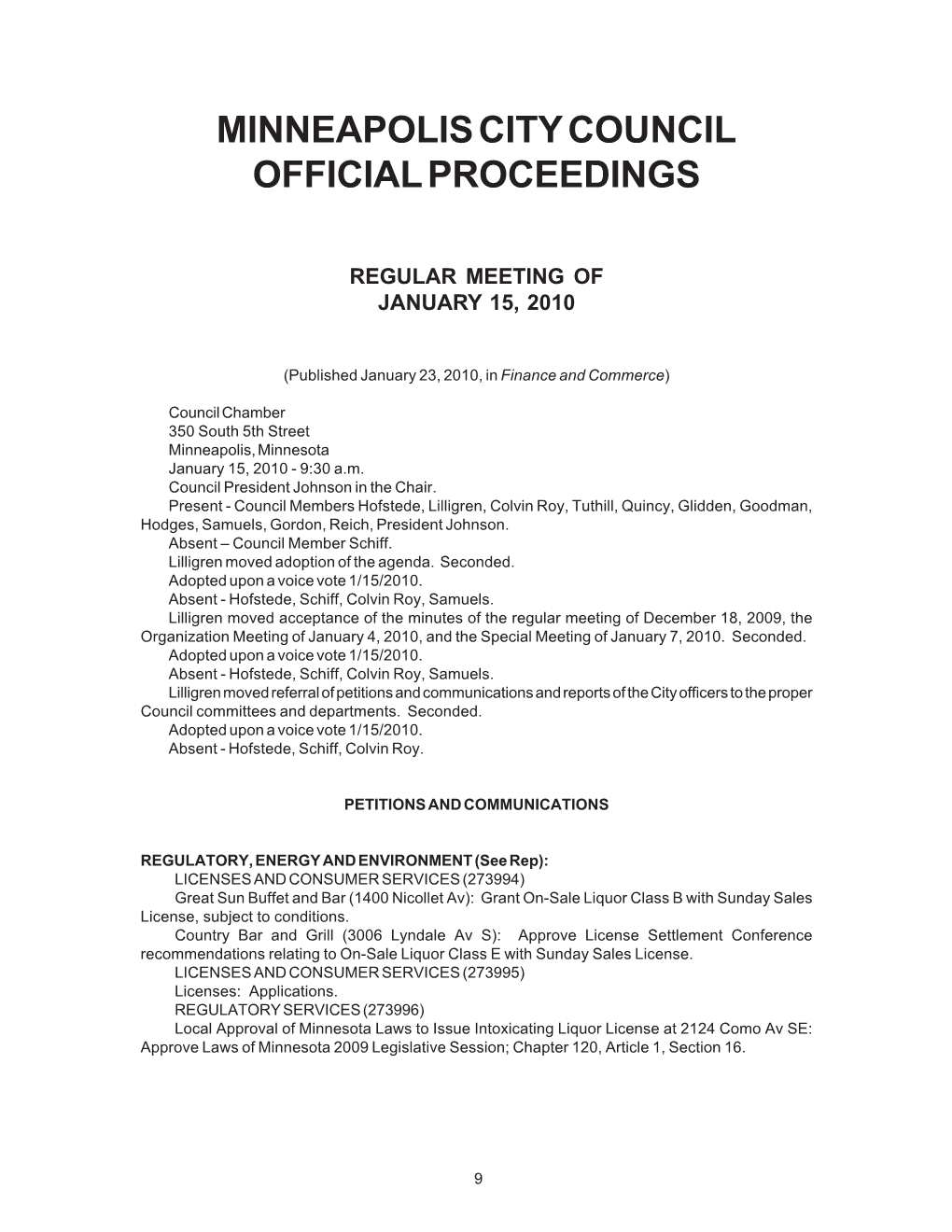 2010 Council Proceedings, January 15, 2010
