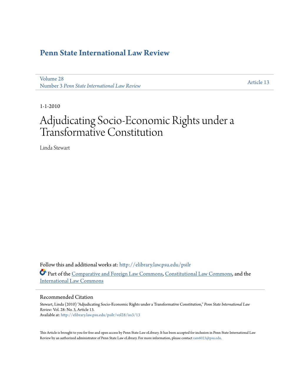 Adjudicating Socio-Economic Rights Under a Transformative Constitution Linda Stewart