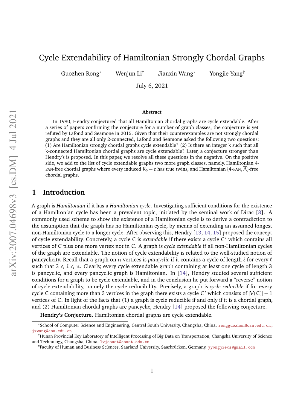 Cycle Extendability of Hamiltonian Strongly Chordal Graphs