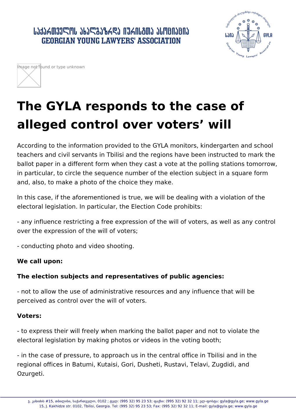 The GYLA Responds to the Case of Alleged Control Over Voters' Will