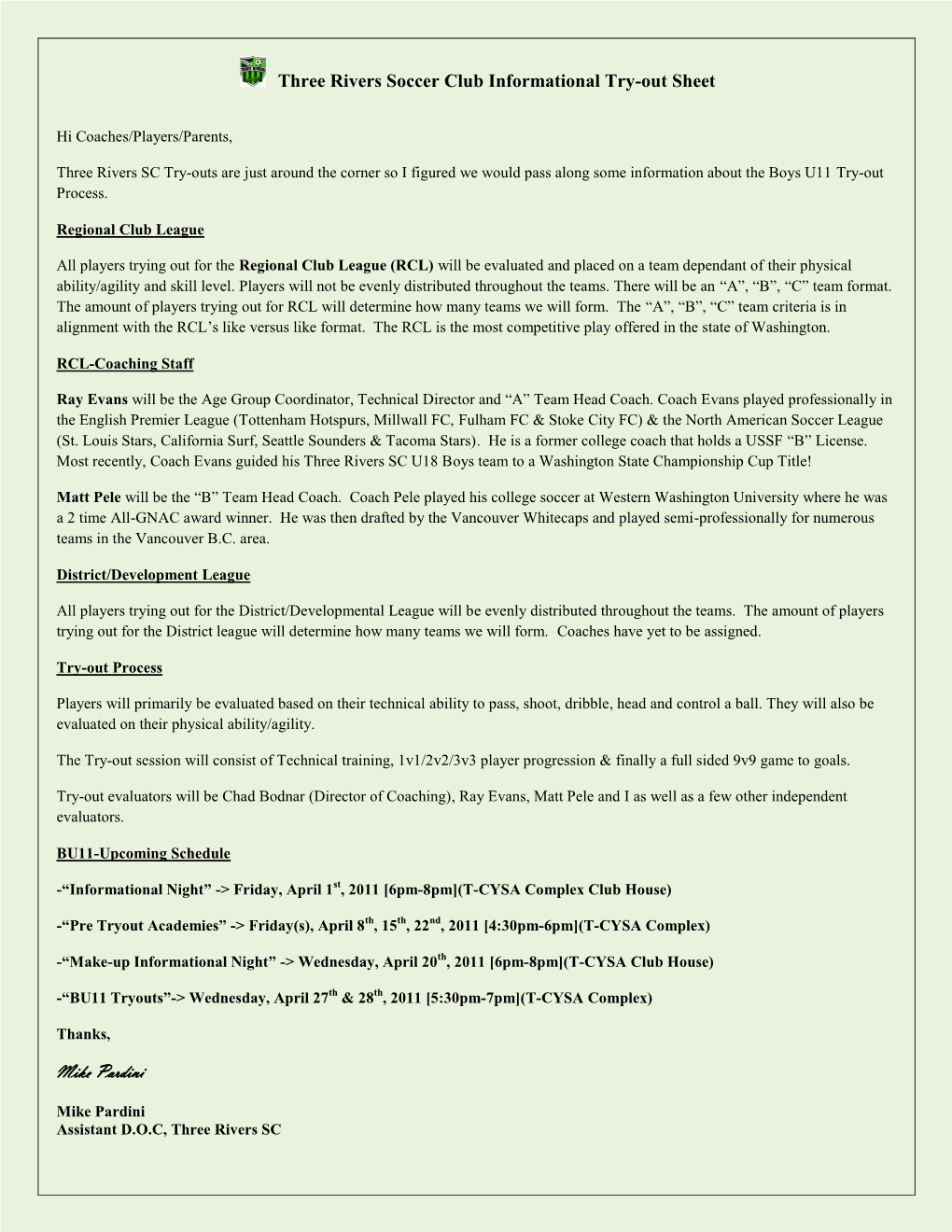 Three Rivers Soccer Club Informational Try-Out Sheet Mike