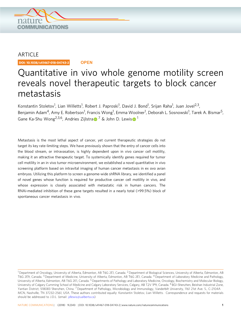 Quantitative in Vivo Whole Genome Motility Screen Reveals Novel Therapeutic Targets to Block Cancer Metastasis