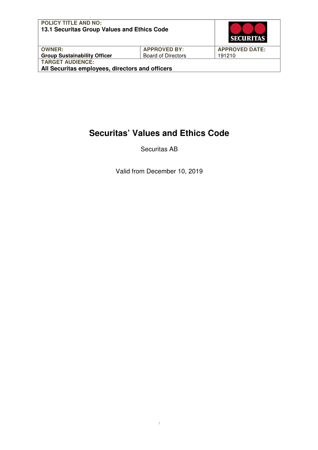 Securitas' Values and Ethics Code