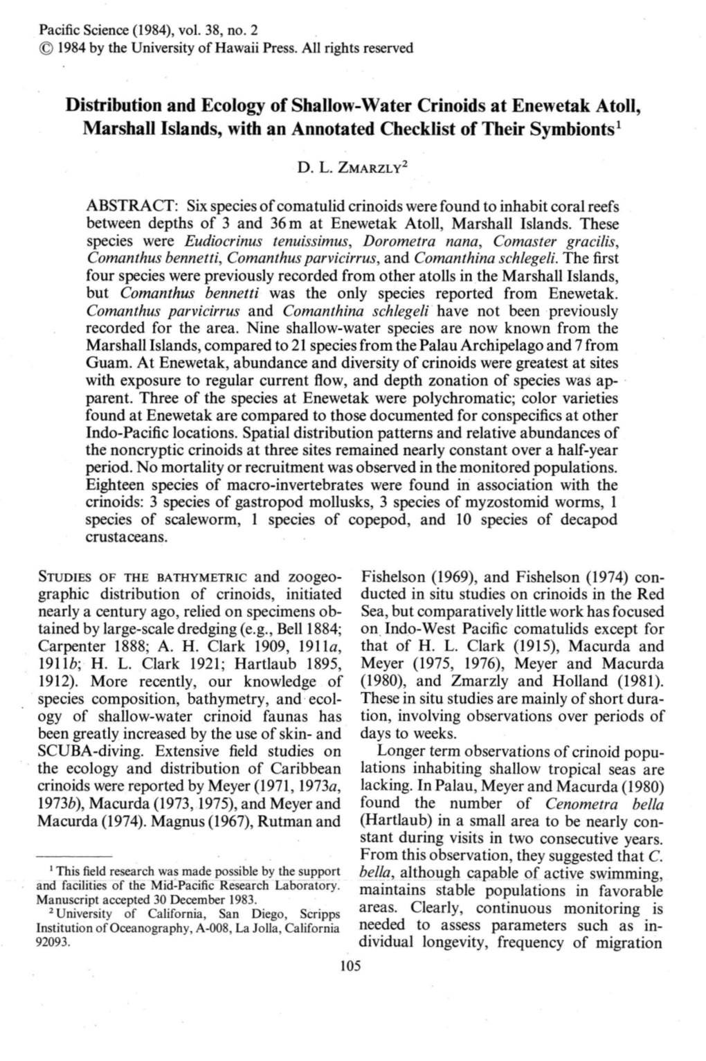 Distribution and Ecology of Shallow-Water Crinoids at Enewetak Atoll, Marshall Islands, with an Annotated Checklist of Their Symbionts!