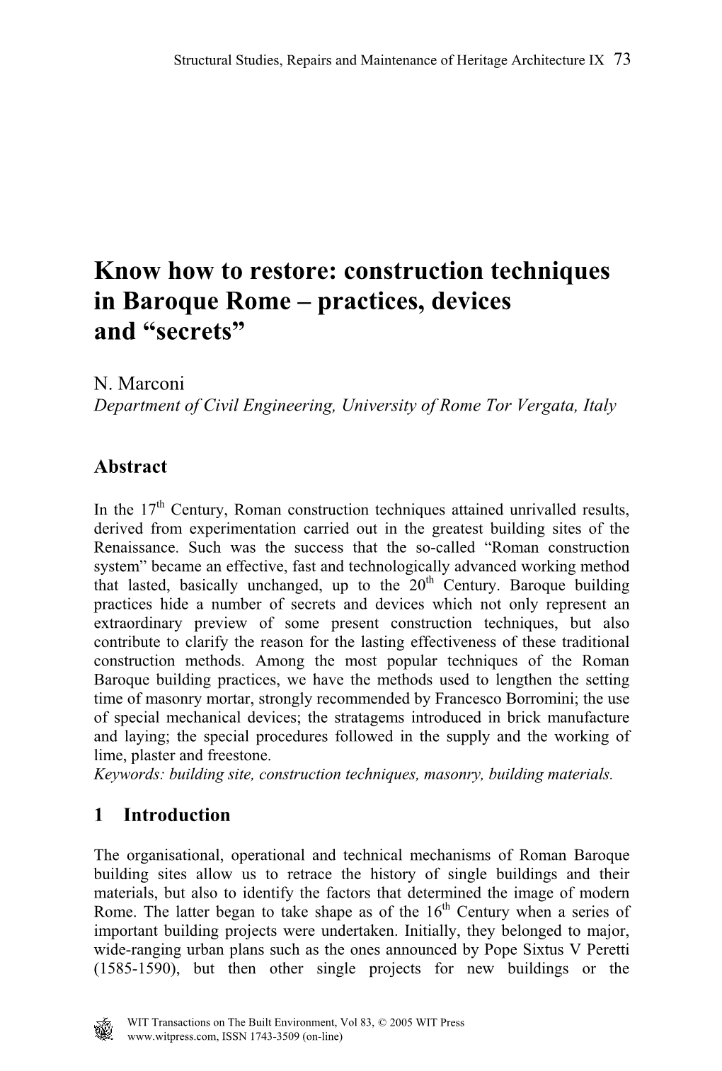 Construction Techniques in Baroque Rome – Practices, Devices and “Secrets”