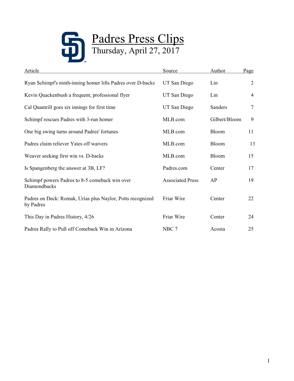 Padres Press Clips Thursday, April 27, 2017