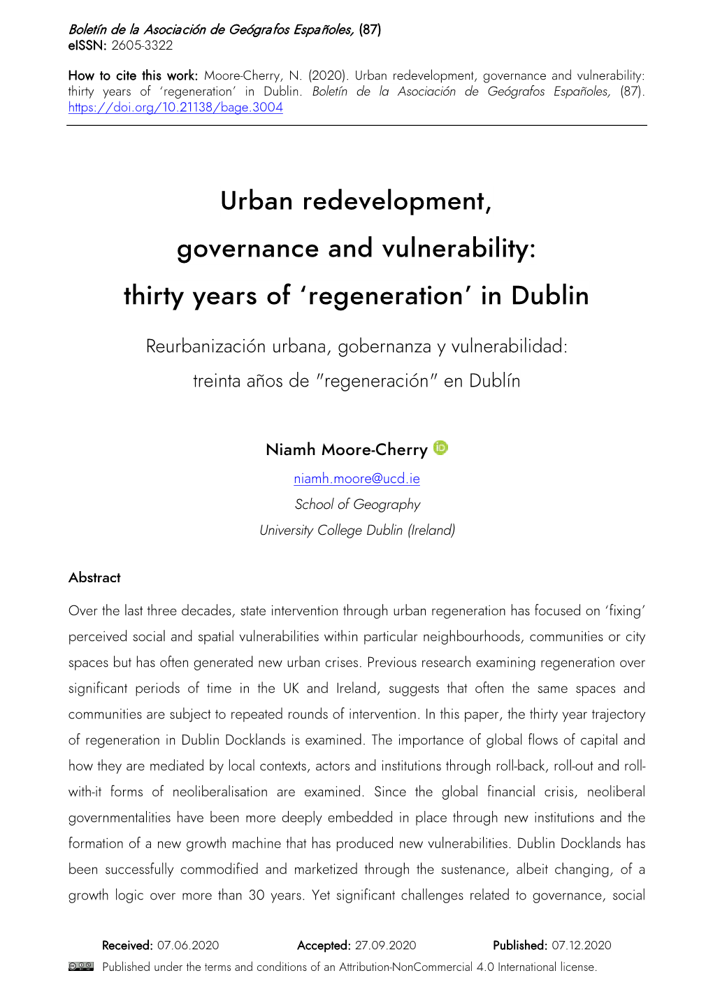 Urban Redevelopment, Governance and Vulnerability: Thirty Years of ‘Regeneration’ in Dublin