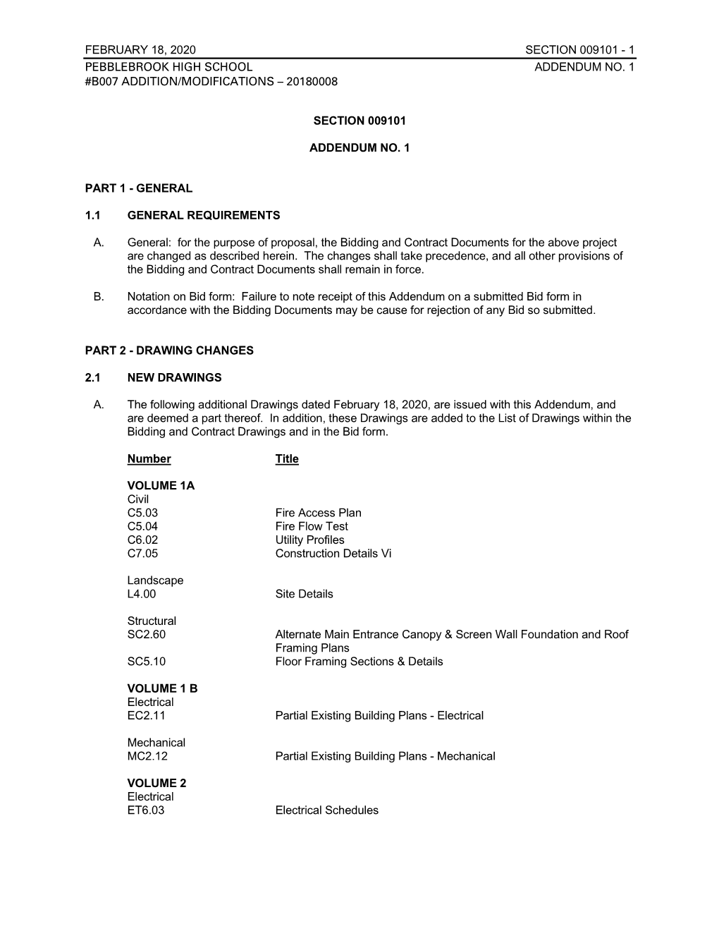 1 Pebblebrook High School Addendum No. 1 #B007 Addition/Modifications – 20180008