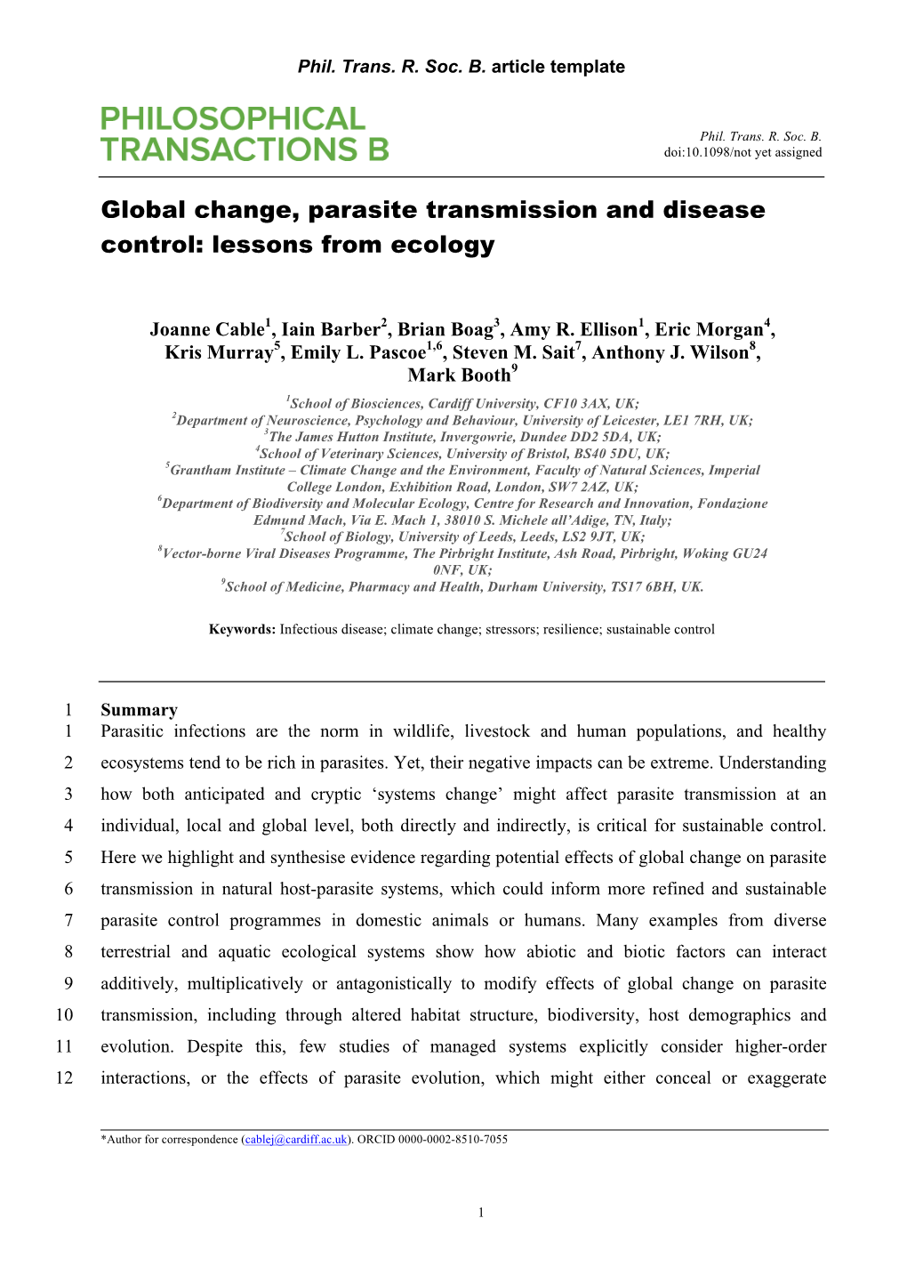 Global Change, Parasite Transmission and Disease Control: Lessons from Ecology