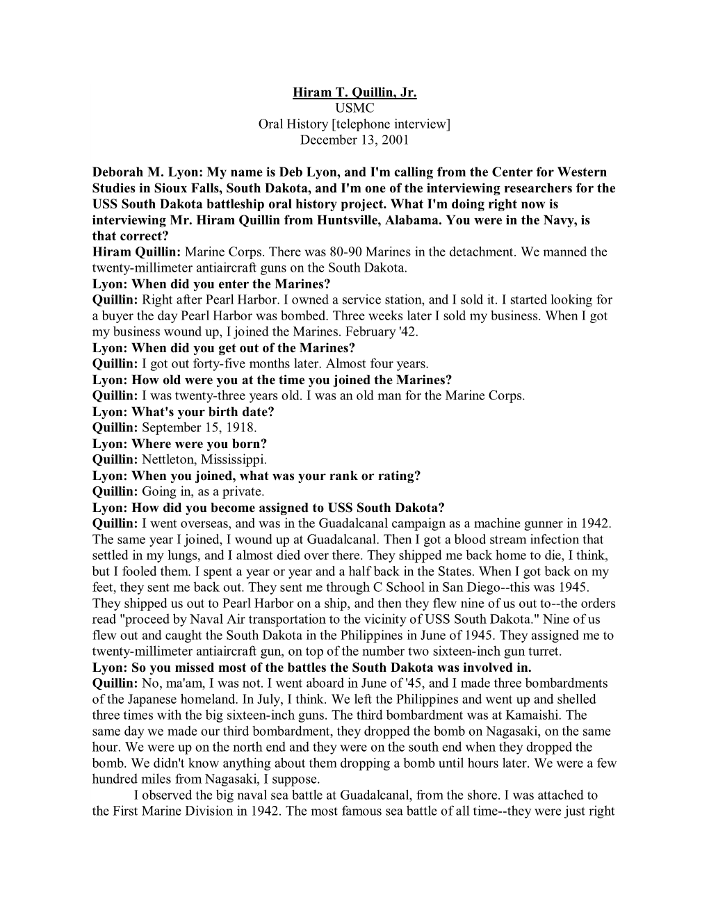 Hiram T. Quillin, Jr. USMC Oral History [Telephone Interview] December 13, 2001