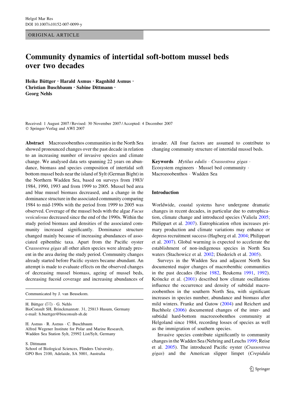 Community Dynamics of Intertidal Soft-Bottom Mussel Beds Over Two Decades