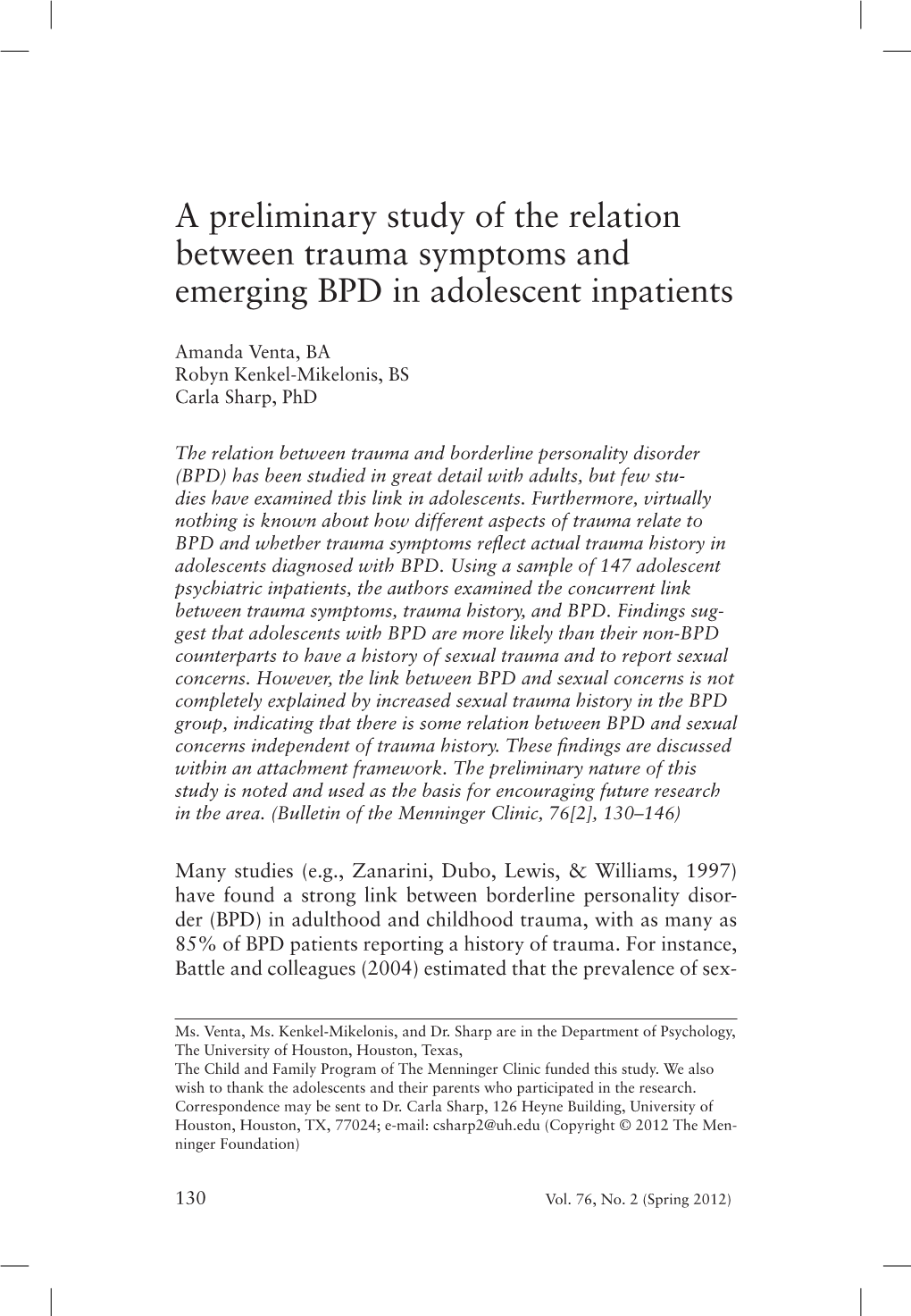 A Preliminary Study of the Relation Between Trauma Symptoms and Emerging BPD in Adolescent Inpatients