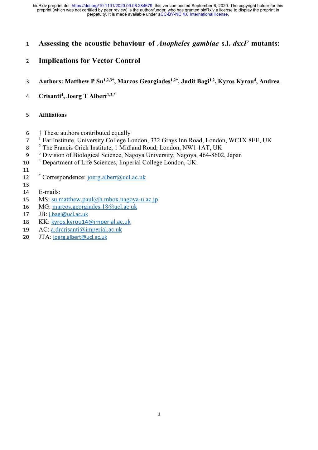 Assessing the Acoustic Behaviour of Anopheles Gambiae Sl Dsxf Mutants