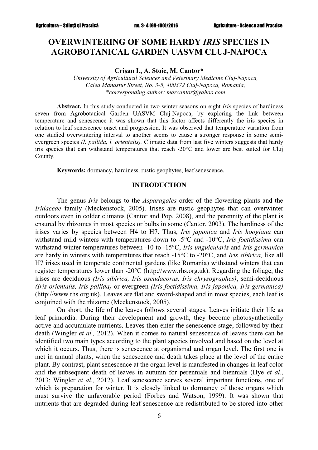 Overwintering of Some Hardy Iris Species in Agrobotanical Garden Uasvm Cluj-Napoca