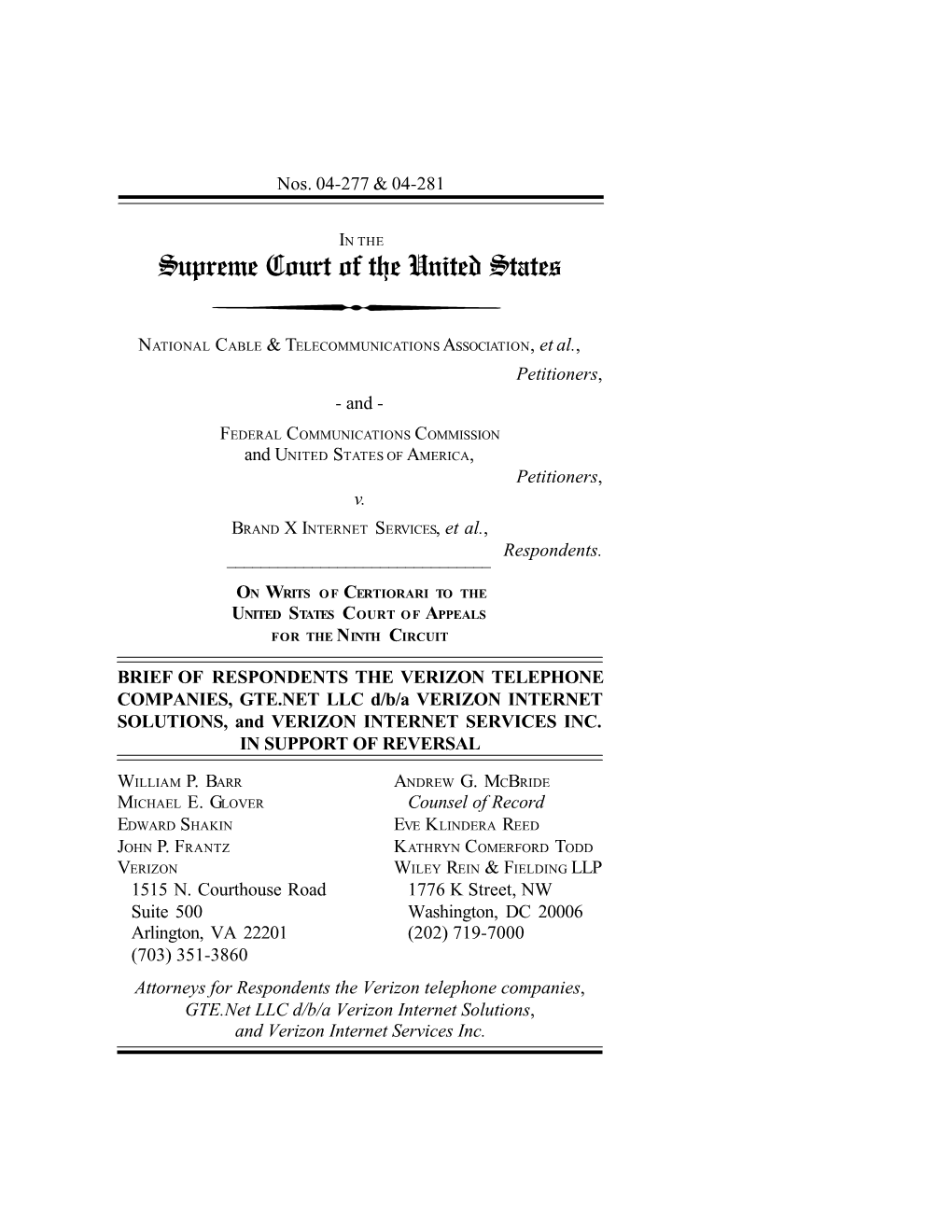 Brief for Respondents the Verizon Telephone Cos. Et Al. in Support Of