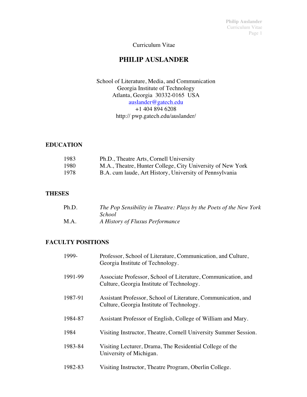 Philip Auslander Curriculum Vitae Page 1