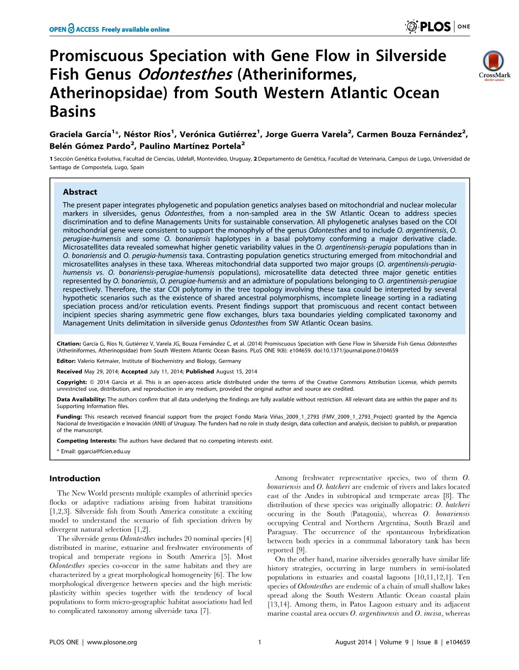 Promiscuous Speciation with Gene Flow in Silverside Fish Genus Odontesthes (Atheriniformes, Atherinopsidae) from South Western Atlantic Ocean Basins