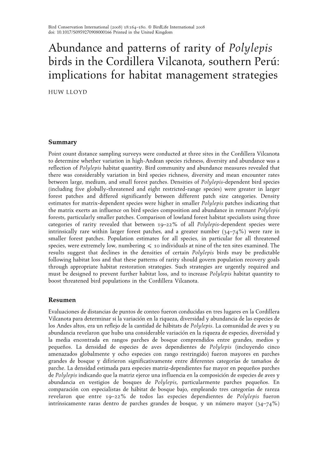 Abundance and Patterns of Rarity of Polylepis Birds in the Cordillera Vilcanota, Southern Peru´: Implications for Habitat Management Strategies