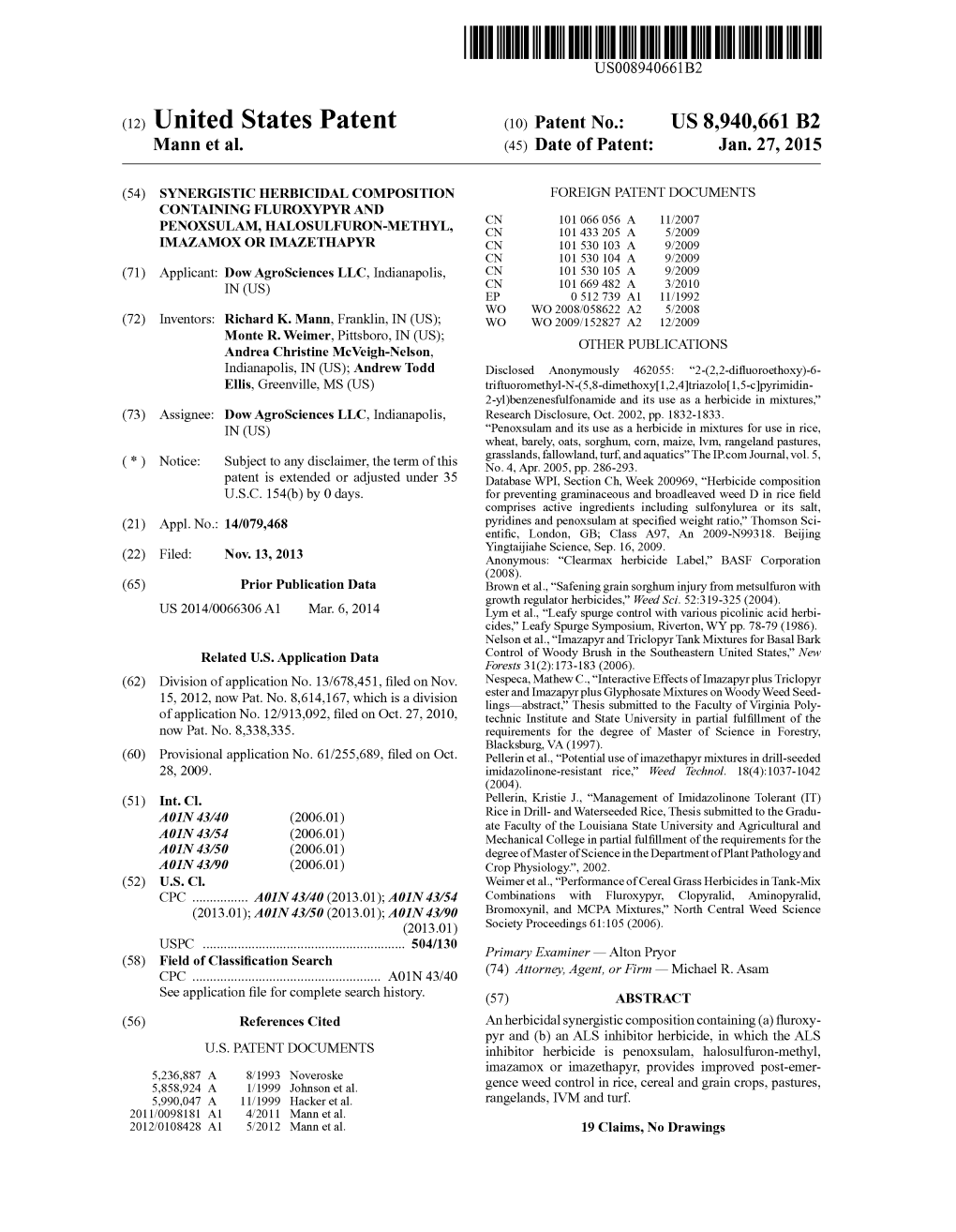 (12) United States Patent (10) Patent No.: US 8,940,661 B2 Mann Et Al