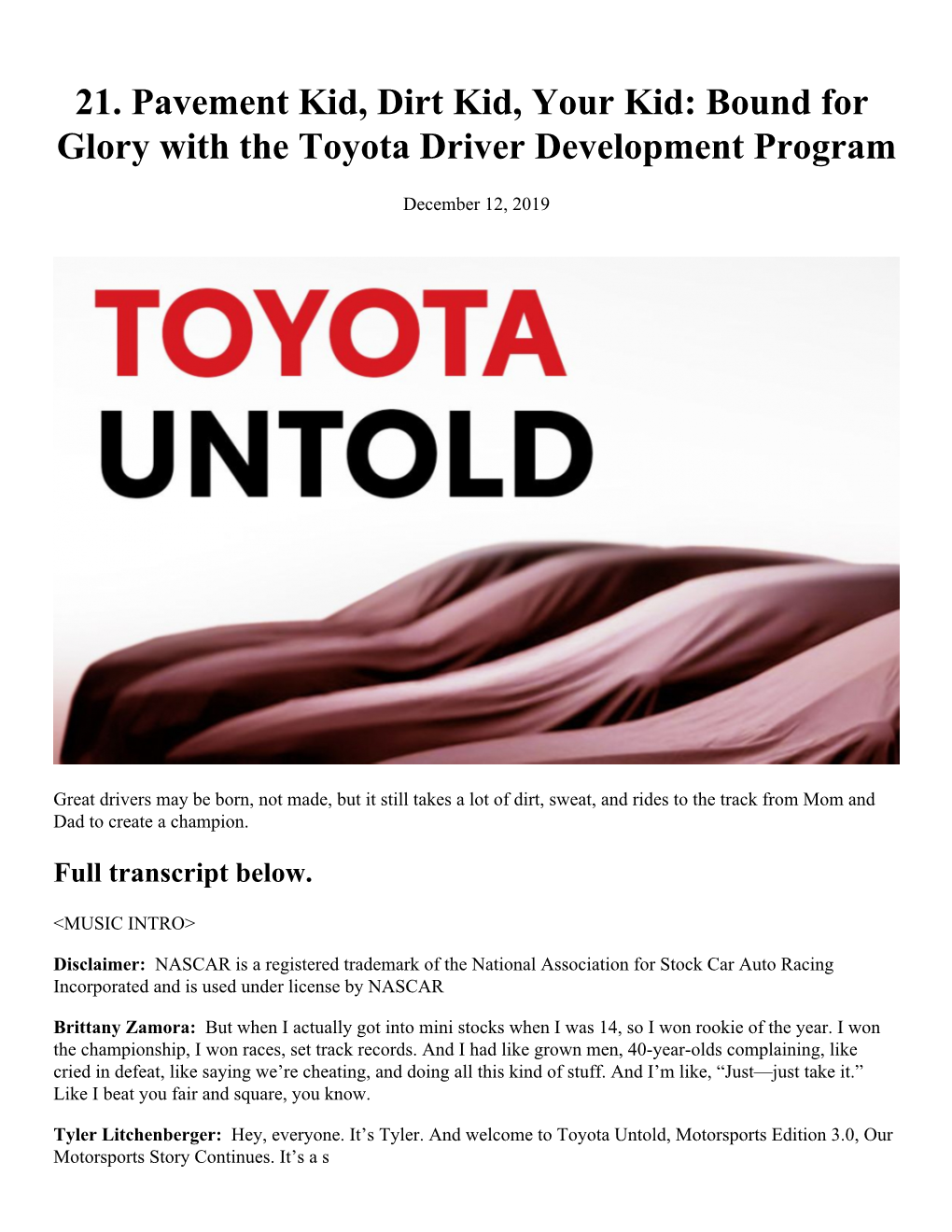 Bound for Glory with the Toyota Driver Development Program