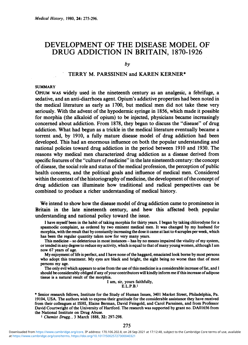 DEVELOPMENT of the DISEASE MODEL of DRUG ADDICTION in BRITAIN, 1870-1926 by TERRY M