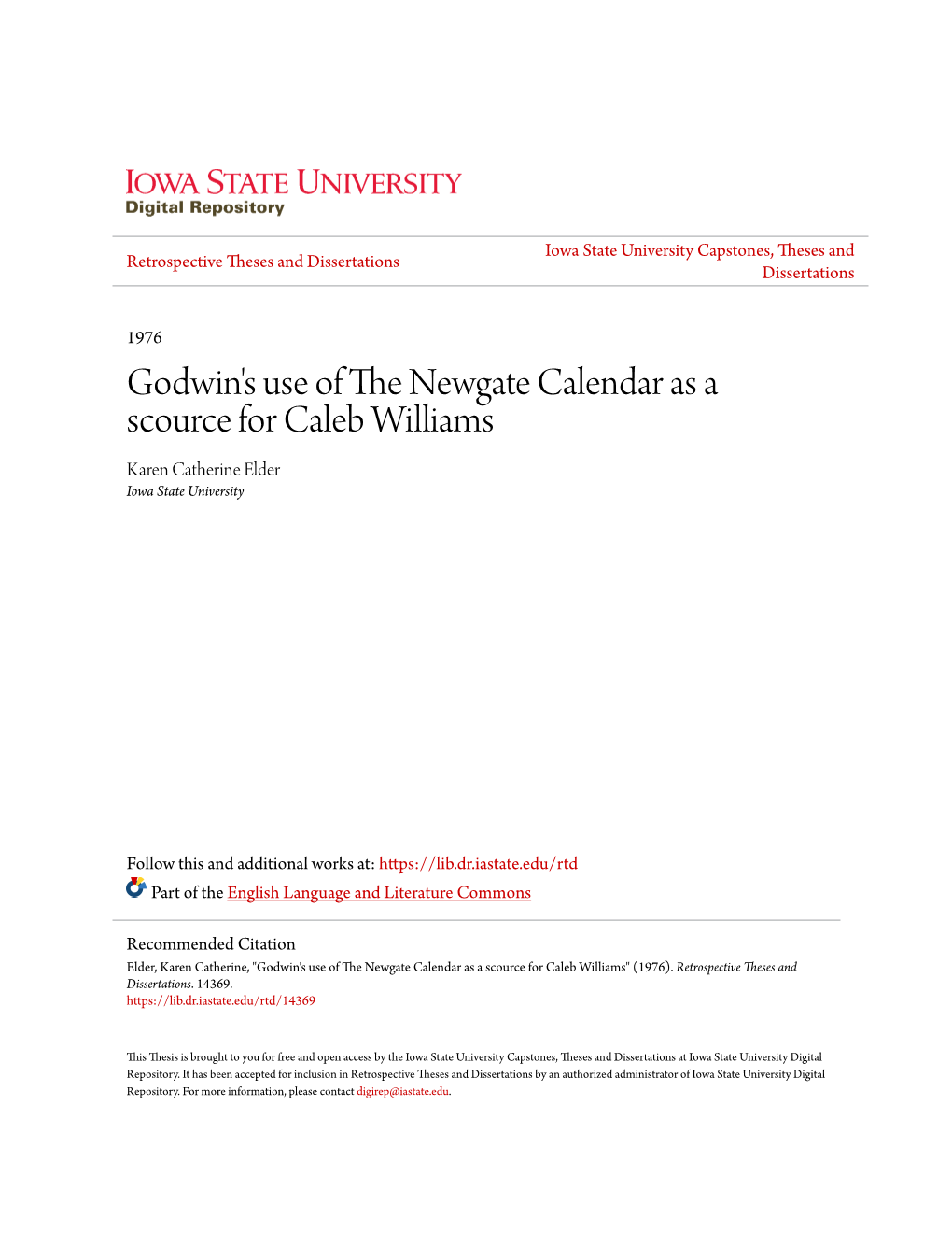 Godwin's Use of the Newgate Calendar As a Scource for Caleb Williams