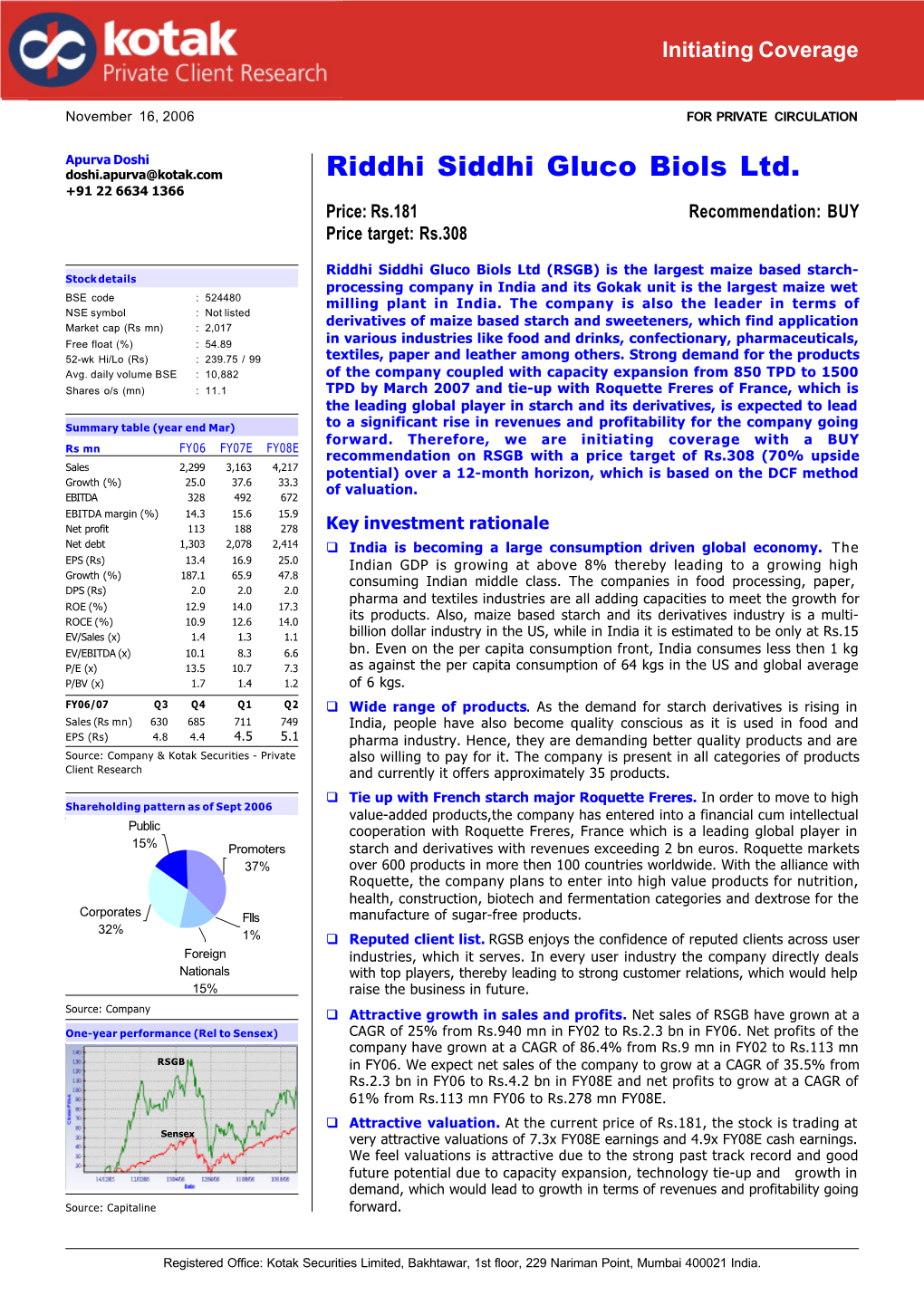 Riddhi Siddhi Gluco Biols Ltd. +91 22 6634 1366 Price: Rs.181 Recommendation: BUY Price Target: Rs.308