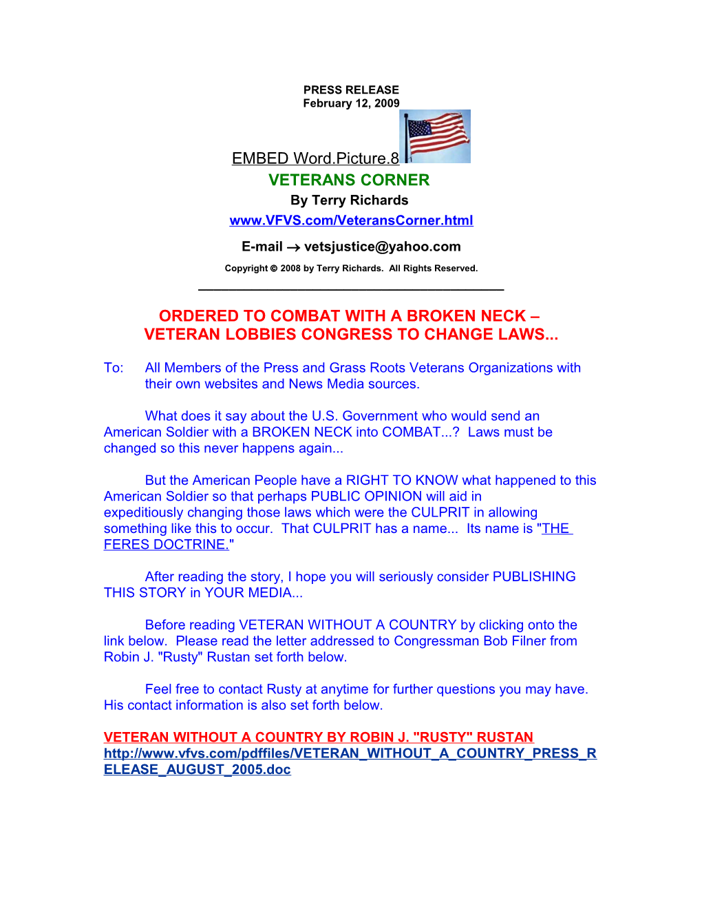 VETERANS CORNER by Terry Richards E-Mail