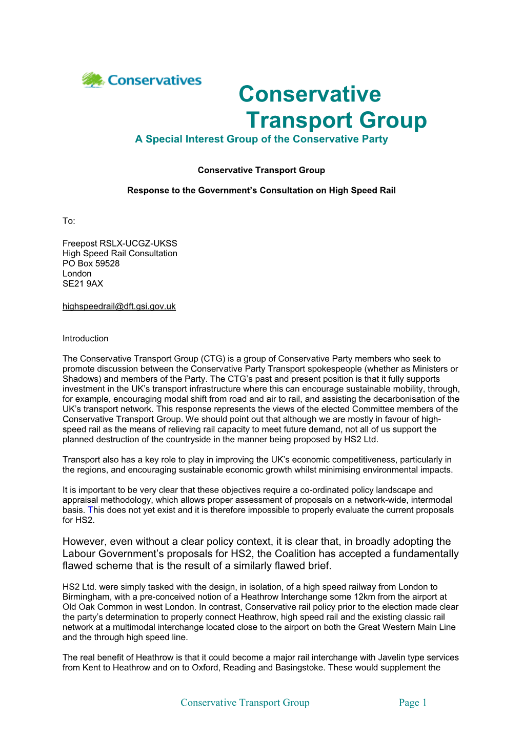 Conservative Transport Group a Special Interest Group of the Conservative Party