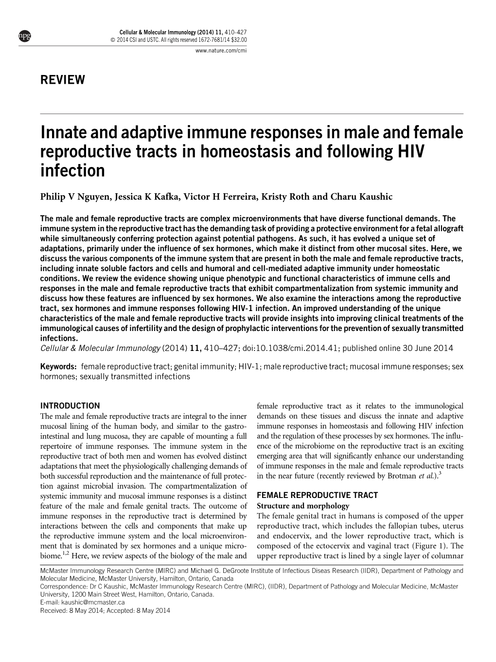 Innate and Adaptive Immune Responses in Male and Female Reproductive Tracts in Homeostasis and Following HIV Infection